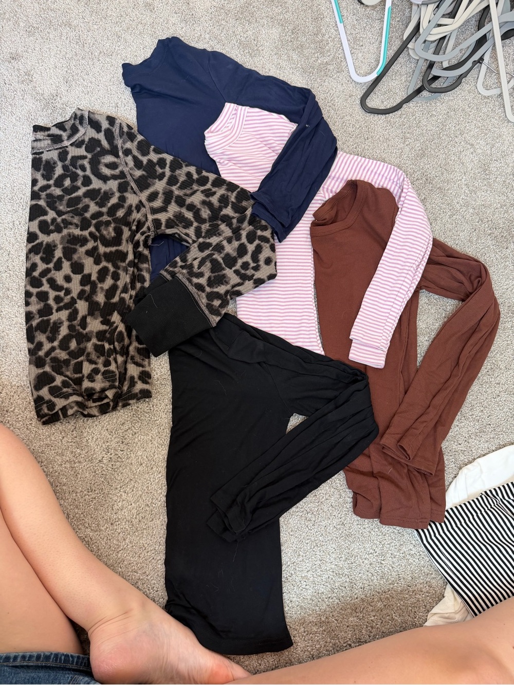 Assorted Women's Long Sleeve Tops - Navy, Black, Brown, Pink Stripe, Leopard